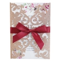 Glitter laser cut wedding invitation with a burgundy satin bow and floral inner card - Apple Gold