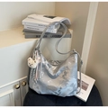 Detail of silver metallic tote bag with cloud pattern and white plush bear charm - Silver