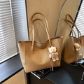 Brown woven tote bag with large capacity and a cute plush bear pendant accessory - With Charm / Khaki