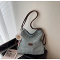 Detail of light blue textured shoulder bag with brown straps and capybara charm - Blue (With Pendant)