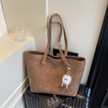 Brown large capacity tote bag in faux leather with a cute white plush monster charm - Yellow Brown (With Charm)