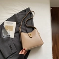 Bolso tipo cubo en cuero beige con cierre dorado y correa ajustable de mujer - Sin colgante / Caqui