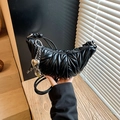 Chic black crescent moon bag with quilted pleats and silver heart charm accessory - Black with Pendant