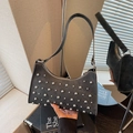 Dark grey chic underarm bag featuring metallic silver studs and zipper closure - Black