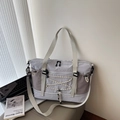 Large capacity lavender travel tote bag with trolley sleeve and adjustable shoulder strap - Gray