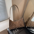 Retro brown suede underarm bag with silver studs and chic punk style for summer - Khaki
