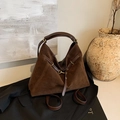 Large dark brown suede tote bag with leather strap and golden hardware accents - Brown