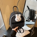 Mini mochila de mezclilla negra con detalle de conejo de peluche y ribete de encaje - Negro