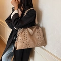 Brown faux suede hobo bag with vintage metal rivets and wide shoulder strap - Khaki