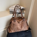 Brown faux suede tote bag with silver studs and large capacity for daily use - Brown