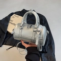 Silver metallic cylinder pillow bag with wrinkled leather texture and top handles - Silver