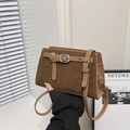 Vintage brown crossbody small square bag in matte suede and leather with metal buckle - Brown