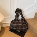 Retro brown plaid wool tote bag with classic tartan pattern and wide shoulder straps - Brown