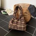 Vintage checkered tote bag in dark brown fabric with a unique knotted top handle - Brown