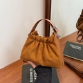 Caramel suede hobo bag with pleated cloud design and wide leather handle for women - Brown