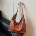 Brown large capacity leather hobo shoulder bag with woven pendant for casual daily commute - With Charm / Brown