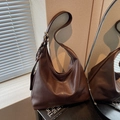 Deep brown large capacity hobo tote bag with a natural glossy finish for daily commute - With Charm / Coffee