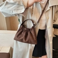 Dark brown faux suede cloud bag with pleated design and detachable shoulder strap - Brown