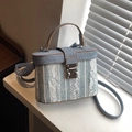 Light blue denim box bucket bag with white lace floral pattern and adjustable strap - Light Blue