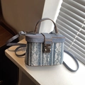 Blue denim box bucket bag with white lace overlay and detachable shoulder strap - Denim Blue