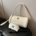 Chic beige lychee textured barrel bag and mini coin purse set with silver metal chain - White