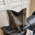 Brown suede hobo bag with a wide colorful geometric embroidered adjustable strap - Gray