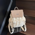 Large capacity nylon backpack in beige and brown with adjustable shoulder straps - Khaki