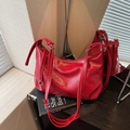 Minimalist large red tote bag in glossy leather finish with thin shoulder strap - Red