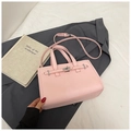 Pink lychee grain leather handbag with silver metal buckle and adjustable shoulder strap - Pink Without Pendant