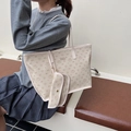 Beige tote bag with cartoon cat pattern and matching small pouch accessory for women - Rice White Large