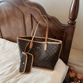 Brown monogram tote bag set with matching small zipper pouch and leather handles - Coffee Large