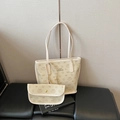 Beige Lazy Breeze tote bag with puppy patterns and matching small pouch set - Rice White Small