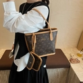 Brown monogram tote bag with matching coin purse and adjustable tan leather handles - Coffee Small