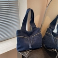Large dark blue denim tote bag with front zippers and fringe ties for casual style - Dark Blue