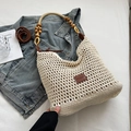 Chic off-white woven shoulder bag with unique wooden bead handle and leather accents - Off-white with Label (Large)