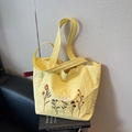 Yellow canvas tote bag with floral embroidery and long shoulder straps for women - Yellow