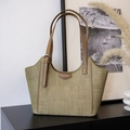 Khaki textured tote bag with dark brown leather handles and Jingpin logo plaque - Green