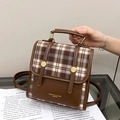 Vintage British style contrast color handbag with brown plaid PU leather and metal buckle - Brown