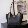 Classic black and brown tote bag with woven square texture and long shoulder straps - Black
