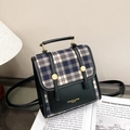 Vintage black leather backpack with blue and white plaid stitching and gold buckles - Black