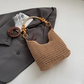 Sac seau en tricot ajouré à la mode avec poignée en perles et bandoulière en cuir - Khaki Petit