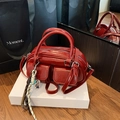 Vintage glossy red patent leather top handle bowling bag with front pockets and charm - Red with Pendant