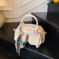Retro cream white Boston handbag with dual front pockets and colorful charm accents - White with Pendant