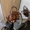 Vintage brown leather Boston bag with dual pockets, shoulder strap and bear charm - Brown with Pendant