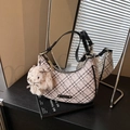 Chic beige checkered crescent bag with black leather strap and plush rabbit charm - Black with Pendant
