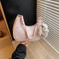 Pink plaid crescent bag with leather trim and cute plush bunny charm pendant - Pink with Pendant
