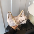 Classic checkered crescent hobo bag in beige with leather trim and rabbit charm - Khaki with Pendant