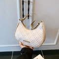 Chic beige checkered crescent underarm bag with adjustable brown leather strap - Khaki (No Pendant)