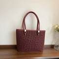 Deep wine red leopard print tote bag with long shoulder straps and silver metal hardware - Red