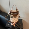 Brown checkered bucket bag with silk scarf handle and golden lock charm detail - Coffee